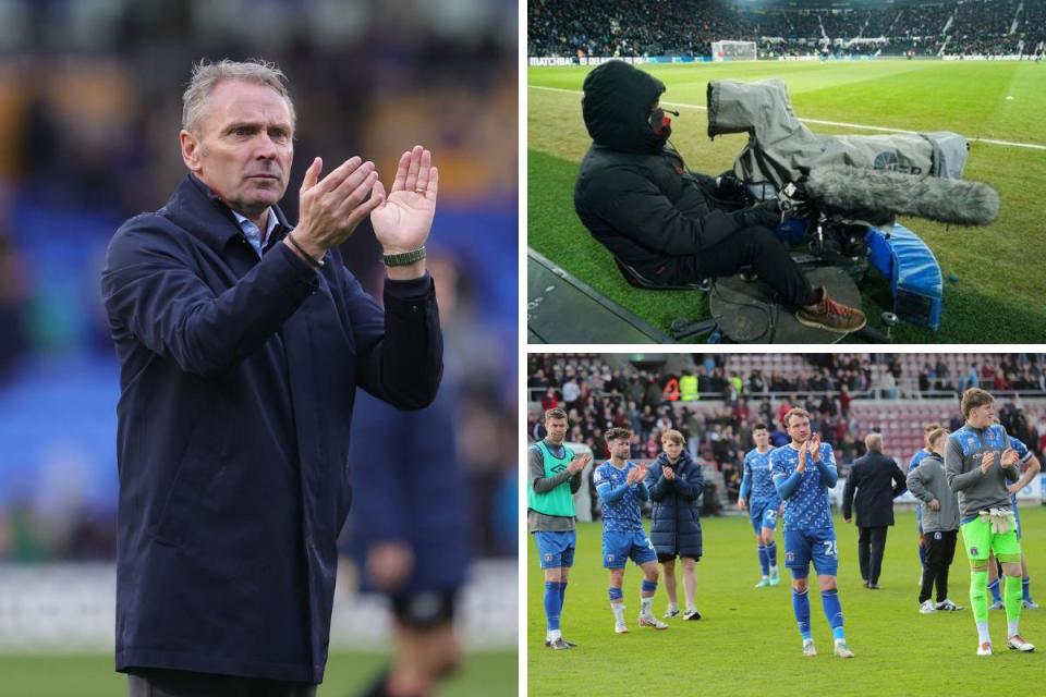 Paul Simpson's side will play in front of the Sky cameras at Derby, top right, before signing off their relegation season <i>(Image: Richard Parkes / PA)</i>