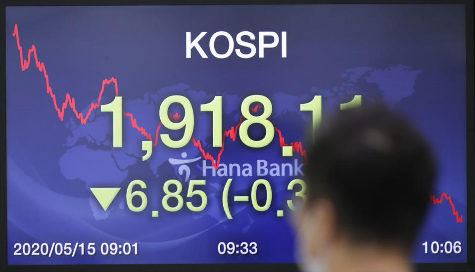 A currency trader walks near a screen showing the Korea Composite Stock Price Index (KOSPI) at the foreign exchange dealing room in Seoul, South Korea, Friday, May 15, 2020. Asian shares were mixed Friday as markets meandered on news about economies reopening, mixed with worries about the prolonged health risks from the new coronavirus. (AP Photo/Lee Jin-man)