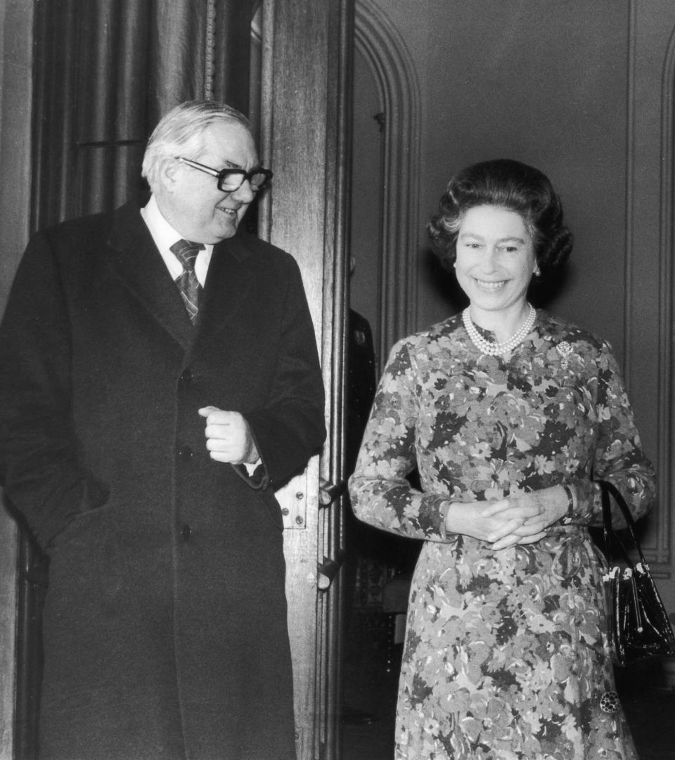 12th December 1977:  British prime minister James Callaghan (left) with Queen Elizabeth II on his arrival at Windsor Castle for lunch.  (Photo by David Ashdown/Keystone/Getty Images)