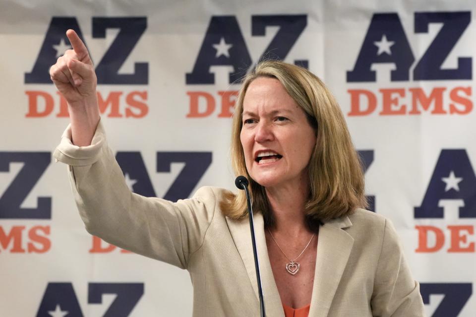 Kris Mayes, then-Democratic candidate for Arizona attorney general, speaks as the Arizona Democratic Party hosts a Unity Rally with statewide candidates to energize Democratic voters and volunteers ahead of the November election at Carpenters Union Hall on Aug. 27, 2022.