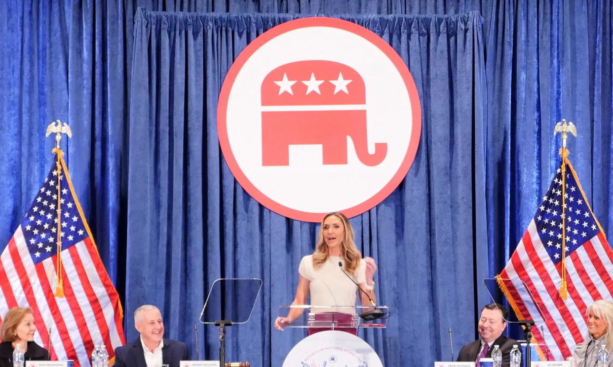 <span>Lara Trump, daughter-in-law of Donald Trump, speaks at the Republican National Committee spring meeting on this month in Houston, Texas.</span><span>Photograph: Cecile Clocheret/AFP/Getty Images</span>