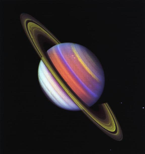 This psychedelic false-color image of Saturn, taken by Voyager 2 on July 12, 1981, reveals structure in the planet's clouds.