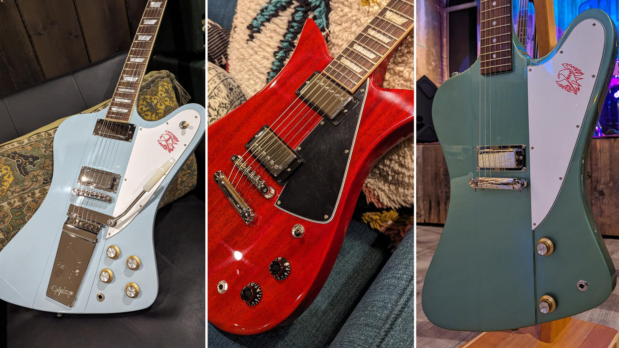  Three of Gibson's new-for-2024 guitars, on display. 