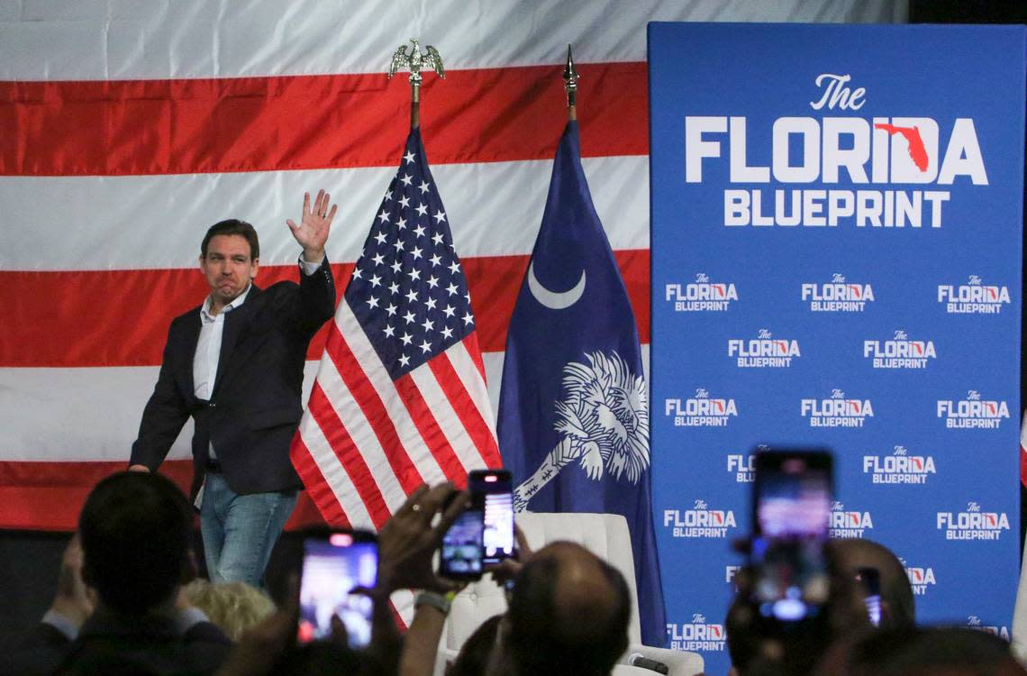 Florida Gov. Ron DeSantis speaks during a tour at North Baptist Church in Spartanburg on Wednesday April 19, 2023.