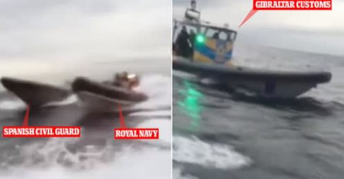 嫌疑船上拍攝到的畫面可看到英國海軍和西班牙警方船艇距離相當靠近。（圖／翻攝自Daily Mail U.K. 推特 @DailyMailUK）