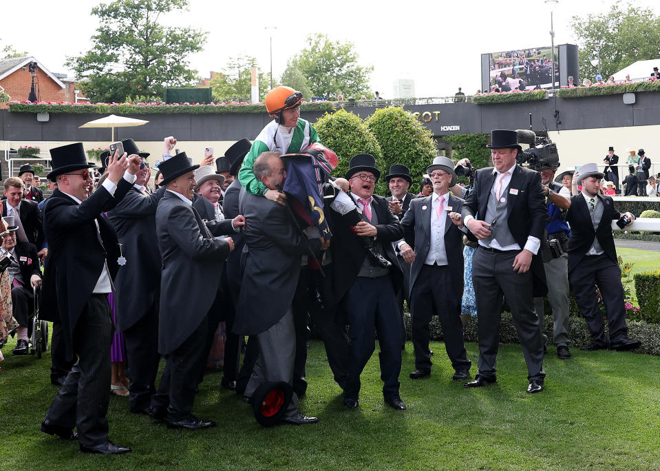 Horse Racing - Royal Ascot 2024 - Ascot Racecourse, Ascot, Britain - June 21, 2024 Crystal Black ridden by Colin Keane celebrates after winning the 16:25 Duke Of Edinburgh Stakes Action Images via Reuters/Andrew Boyers