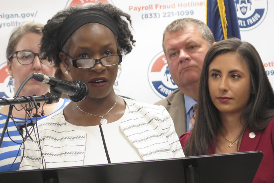 In this Aug. 29, 2019 photo, State Sen. Erika Geiss, D-Taylor, speaks at a news conference at the Michigan AFL-CIO headquarters in Lansing, Mich. Geiss on Tuesday, Nov. 12, 2019, criticized a Republican legislative leader, Senate Majority Leader Mike Shirkey, for comparing abortion to slavery. (AP Photo/David Eggert)