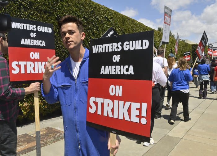 For the first time in 15 years, entertainment industry writers walk picket lines at Paramount Pictures and numerous other studios in Los Angeles on May 2, 2023. Pictured is actor John Owen Lowe, who joined strikers on the picket line. File Photo by Jim Ruymen/UPI