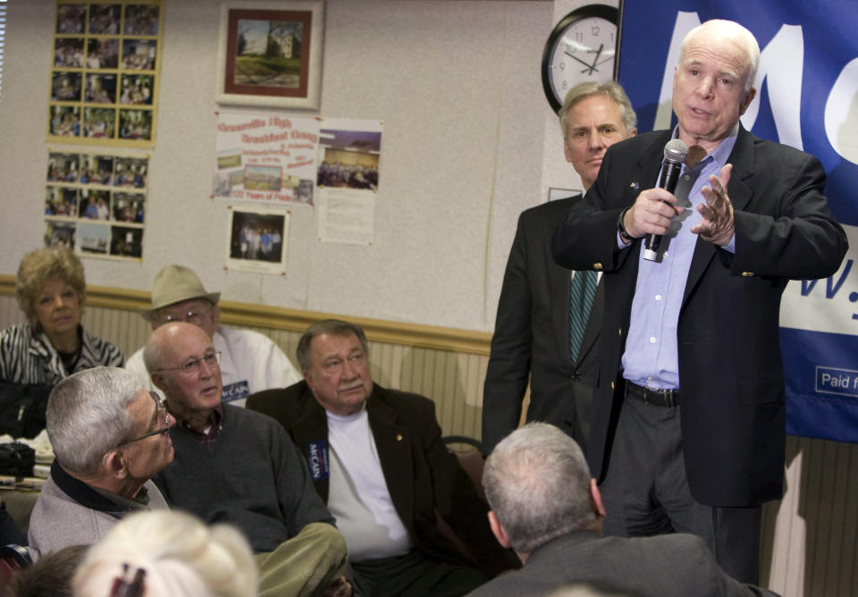 FILE - Republican presidential candidate, Sen. John McCain, R-Ariz., talks to supporters at Tommy's Ham House during a campaign in Greenville, S.C., Thursday, Jan. 10, 2008. For decades, Tommy’s Country Ham House has hosted presidential candidates testing their mettle among voters in South Carolina. But the Greenville landmark has announced that it is turning off the fryer and shutting its doors. Owner Tommy Stevenson announced Sunday, Jan. 31, 2021 that Tommy’s would close this spring. (AP Photo/Patrick Collard)