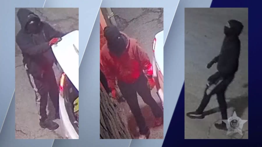 Photos provided by Chicago police capture three people who police believe were involved in a burglary at a business in the 4300 block of West Chicago Avenue, in West Humboldt Park, on Wednesday, Feb. 21, at 2:10 a.m.