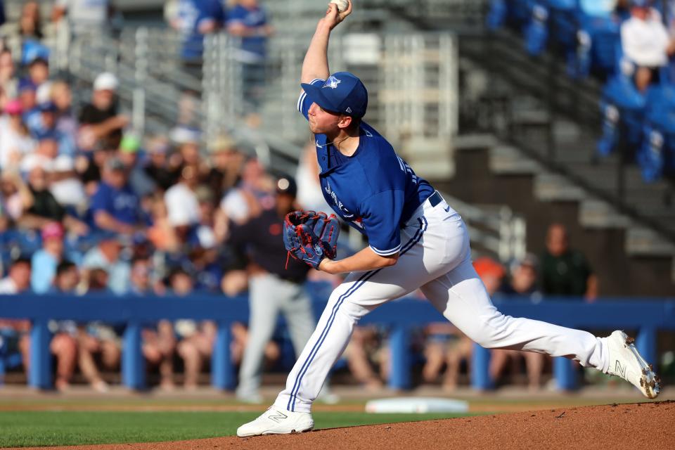 Toronto Blue Jays starting pitcher Sem Robberse (77) throws a pitch against the Detroit Tigers during the first inning at TD Ballpark in Dunedin, Florida, on Saturday, March 25, 2023.