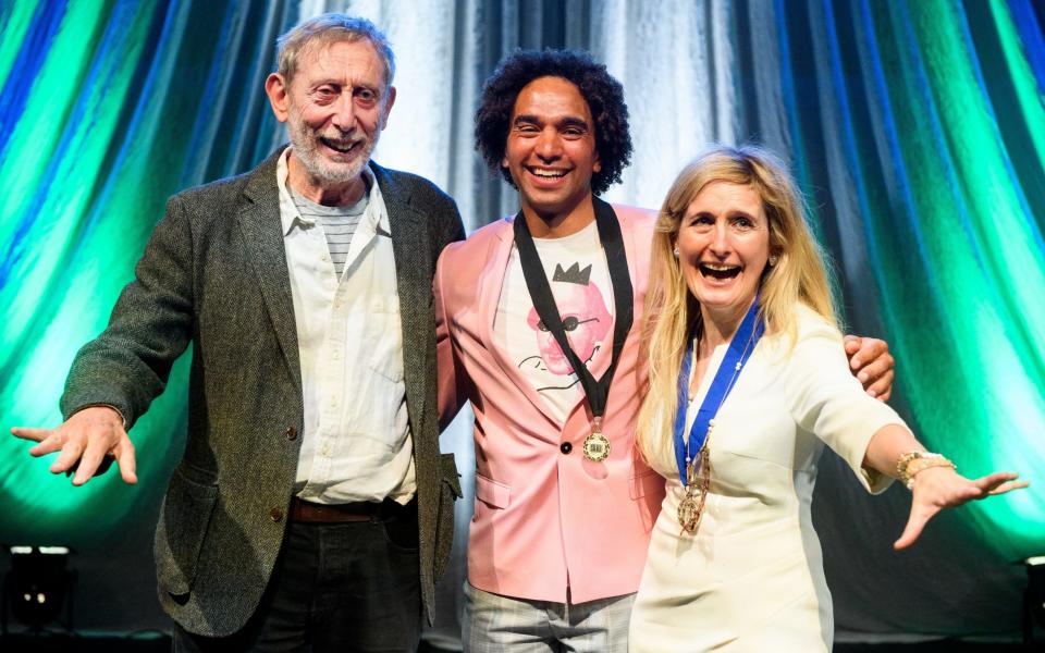 Michael Rosen with Joseph Coelho and Cressida Cowell, the previous Children's Laureate - Joe Maher/Getty Images