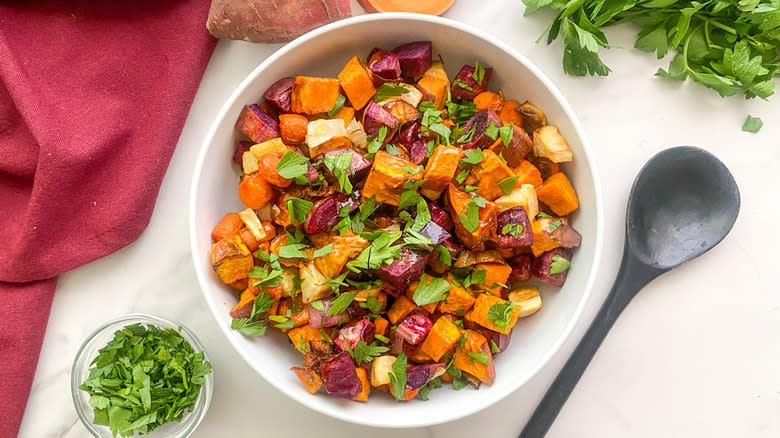 bowl of glazed root vegetables