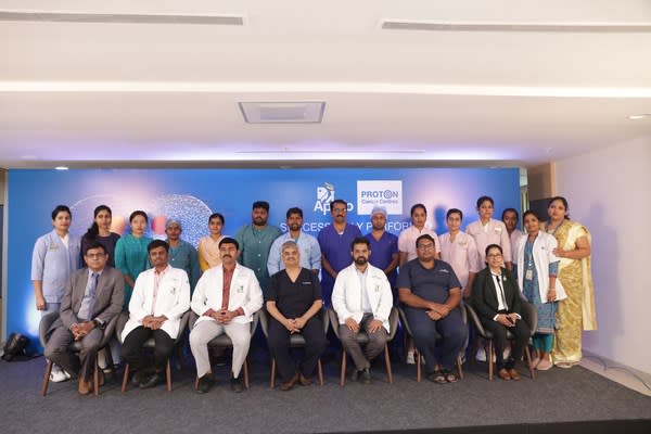 Left to Right (bottom row): Dr Rajesh Menon, Associate Consultant - Neurosurgery, Apollo Proton Cancer Centre; Dr Adhithyan Rajendran, Consultant - Radiology, Apollo Proton Cancer Centre; Dr Saranyan, Associate Consultant - Neurosurgery, Apollo Proton Cancer Centre; Dr V R Roopesh Kumar, Senior Consultant & Lead - Neurosurgery, Apollo Proton Cancer Centre; Dr Arvind Sukumaran, Senior Consultant - Neurosurgery, Apollo Proton Cancer Centre; Dr Arulvelan, Senior Consultant - Anaesthesiology, Apollo Proton Cancer Centre; Dr Lijo Thomas, Chief Nursing Officer, Apollo Proton Cancer Centre.