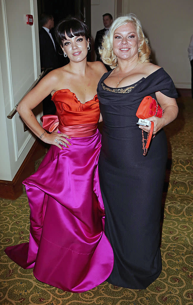<p>Lily Allen (L) and mother Alison Owen attend the official dinner party after the EE British Academy Film Awards at The Grosvenor House Hotel on February 16, 2014 in London, England. </p>