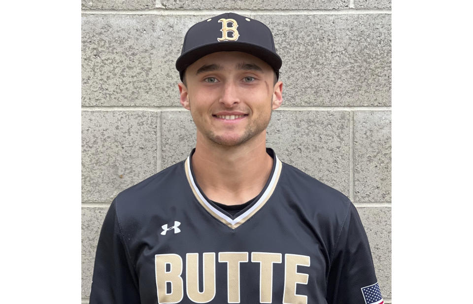 This 2022 photo provided by Butte College shows baseball player Peter Andrews. Julia Scoles and Peter Andrews have faced much adversity throughout their college careers but both are hoping their journeys to overcome it will help others. Scoles, a beach volleyball player at Southern California, and Andrews, who plays baseball for Butte College, have been named the first finalists for the CalHOPE Courage Award. (Butte College Athletics via AP)