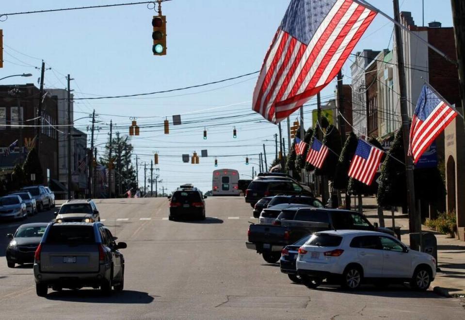 Flags fly over Hillsborough Street in downtown Oxford in Granville County.