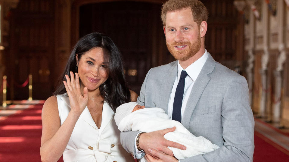 Meghan Markle and Prince Harry presenting their new baby Archie