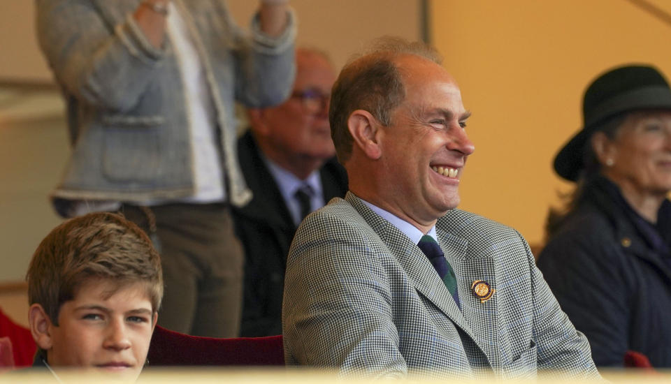 The Earl of Wessex and his son, James, Viscount Severn, watch Lady Louise Windsor participate in the Champagne Laurent-Perrier Meet of the British Driving Society at the Royal Windsor Horse Show, Windsor. Picture date: Sunday July 4, 2021. (Photo by Steve Parsons/PA Images via Getty Images)