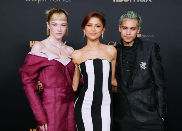 Hunter Schafer, Zendaya and Dominic Pike at the 'Euphoria' Season 2 premiere.<p>Photo: Jeff Kravitz/Getty Images</p>