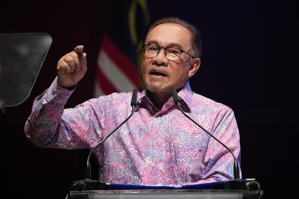 Malaysian Prime Minister Anwar Ibrahim delivers his speech for National Day at a convention centre in Putrajaya, Malaysia Wednesday, Aug. 30, 2023. Anwar made his first National Day address since taking over as Prime Minister in November last year. (AP Photo/Vincent Thian)