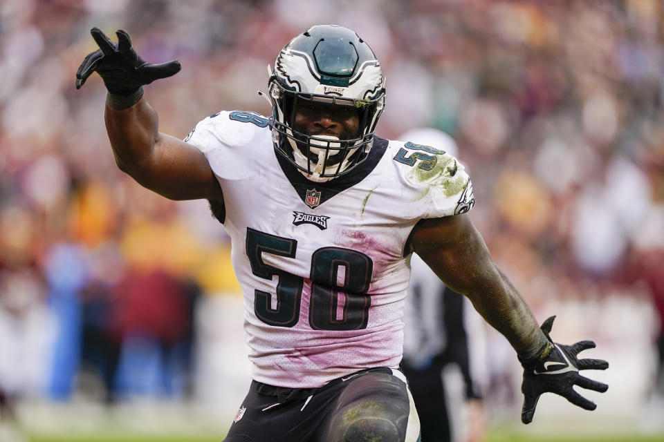 Philadelphia Eagles outside linebacker Genard Avery (58) celebrates after sacking Washington Football Team quarterback Taylor Heinicke (4) during the second half of an NFL football game, Sunday, Jan. 2, 2022, in Landover, Md. (AP Photo/Alex Brandon)