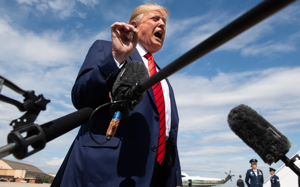 US President Donald Trump speaks to the press after arriving on Air Force One at Joint Base Andrews in Maryland, Sept. 26, 2019, after returning from New York. (Photo: Saul Loeb/AFP/Getty Images)