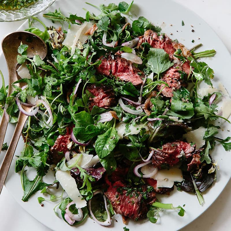 Hanger Steak with Dandelion, Arugula, and Grana Padano