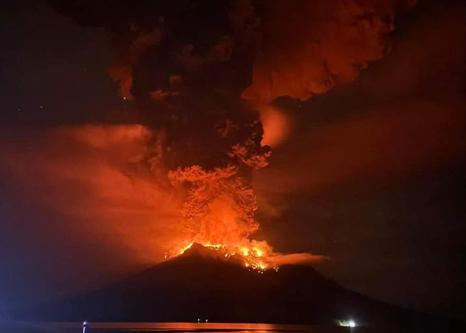 Mount Ruang releasing hot lava and smoke in Sangihe Islands as seen from Sitaro, North Sulawesi (Center for Volcanology and Geolo)