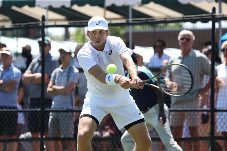 Brandon Holt beat Gijs Brouwer in a qualifying match on Sunday at the Infosys Hall of Fame Open before falling short in the main draw with a loss on Monday. Holt is the son of tennis Hall of Famer Tracy Austin.