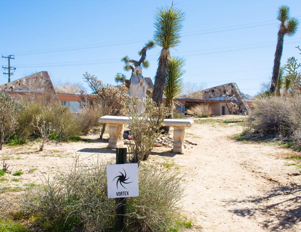A sign for a vortex energy location at the Institute of Mentalphysics Joshua Tree Retreat Center in Joshua Tree, Calif., on Feb. 20, 2023.