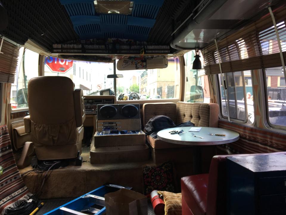 A view of the driver and passenger seat area of the Airstream RV occupied in "Sound of Metal."