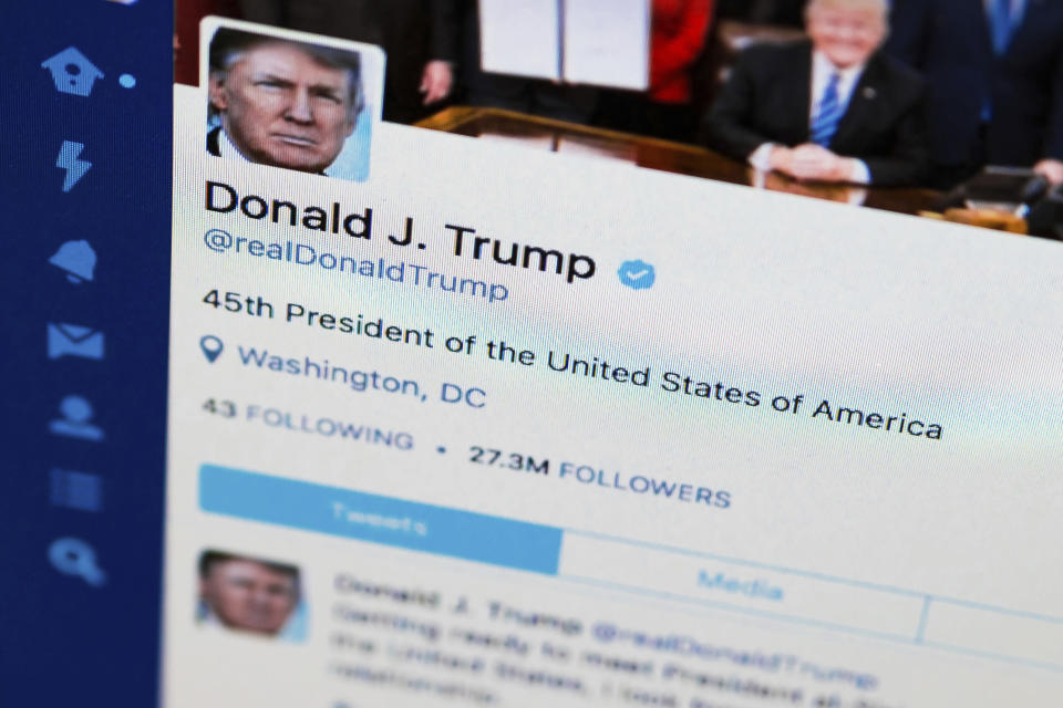 <p> FILE - This April 3, 2017, file photo shows U.S. President Donald Trump's Twitter feed on a computer screen in Washington. President Donald Trump is claiming that Twitter has removed “many people” from his account. But he appears to have actually gained followers since the beginning of October. According to the Internet Archive’s Wayback Machine, which collects snapshots of web pages over time, Trump had 54.8 million followers on Oct. 1. He had 55.3 million as of Friday, Oct. 26, 2018. (AP Photo/J. David Ake, File) </p>