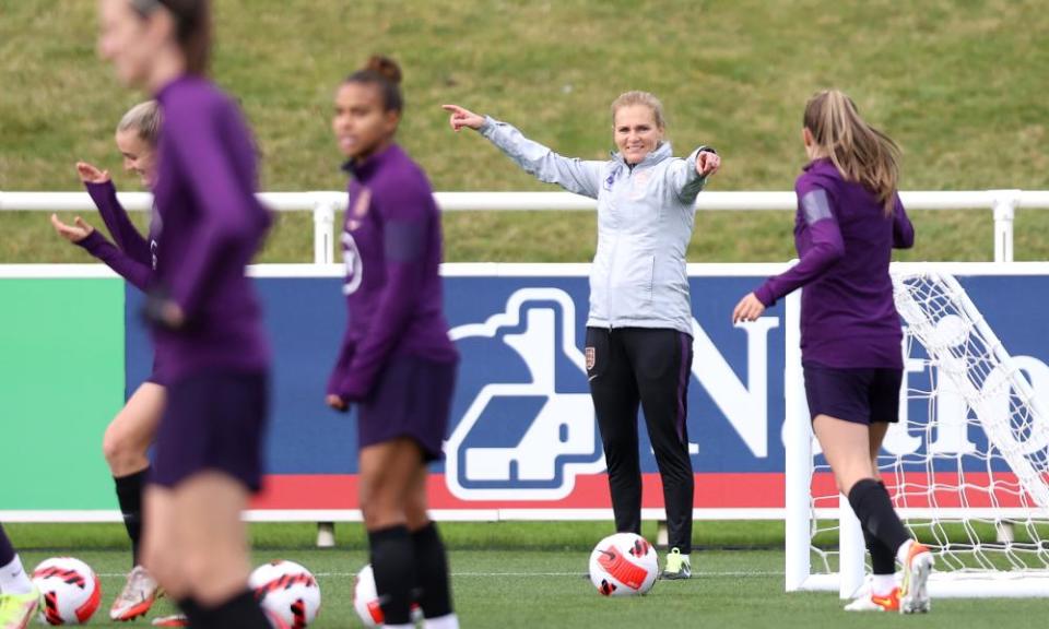 England’s head coach Sarina Wiegman directs training on Friday.