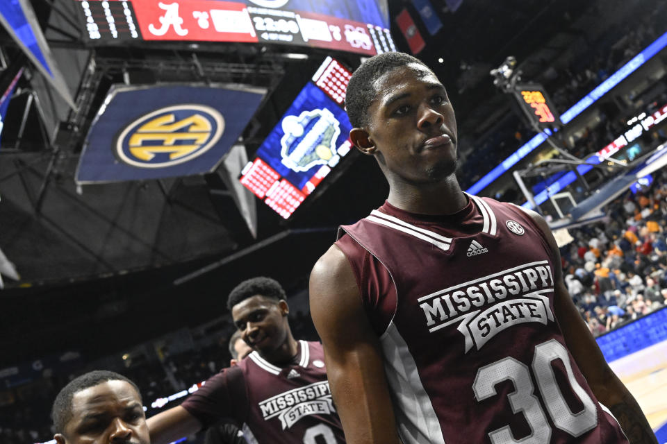 Mississippi State guard Shawn Jones Jr. (30) comes off the court after an NCAA college basketball game against Alabama in the third round of the Southeastern Conference tournament, Friday, March 10, 2023, in Nashville, Tenn. Alabama won 72-49. (AP Photo/John Amis)