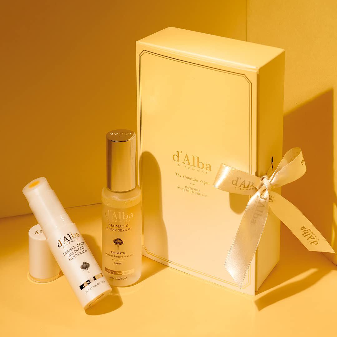 d'Alba Italian White Truffle Vegan Gift Set; Aromatic Spray Serum & All in one Multi Balm ($39)