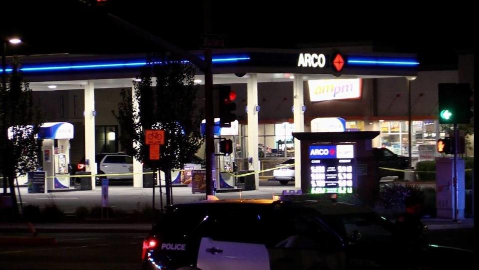 A gas station and church were blocked off Thursday, Oct. 5, 2023, while police investigated the scene where a Fresno police officer shot a man.