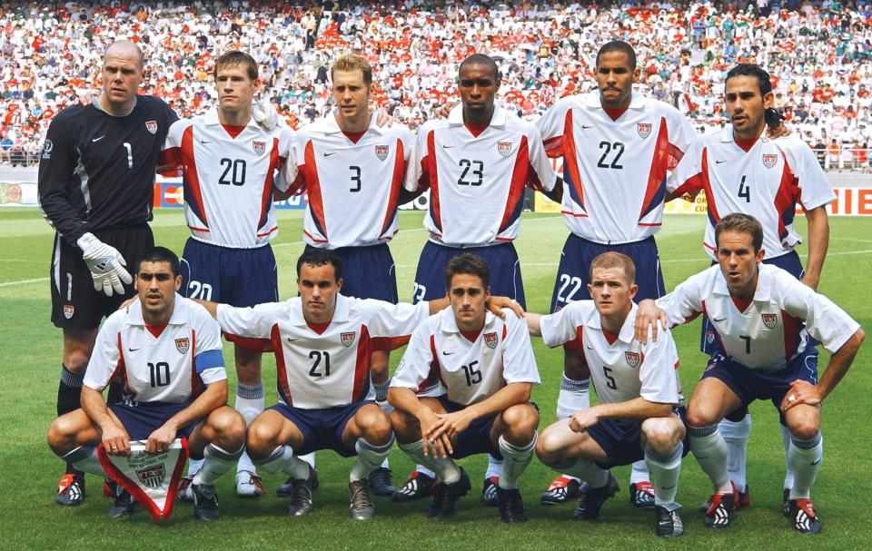 The USMNT poses for a photo at the 2002 FIFA World Cup in South Korea. (Above photo, standing) Brad Friedel, Brian McBride, Berhalter, Eddie Pope, Anthony Sanneh, Pablo Mastroeni. (Crouching) Claudio Reyna, Landon Donovan, Josh Wolff, John O’Brien and Eddie Lewis.