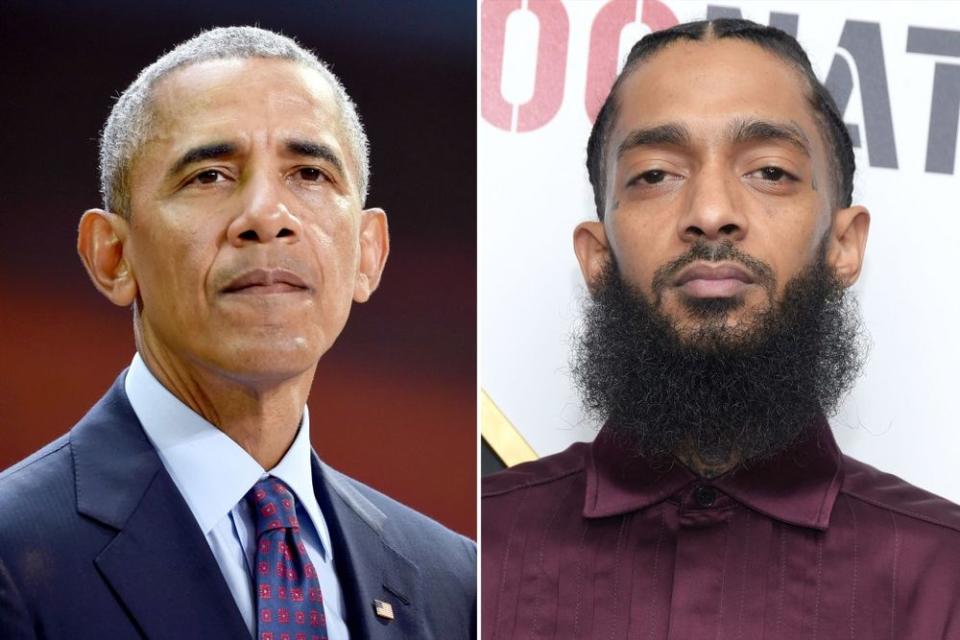 Barack Obama; Nipsey Hussle | Jamie McCarthy/Getty; Michael Tullberg/FilmMagic