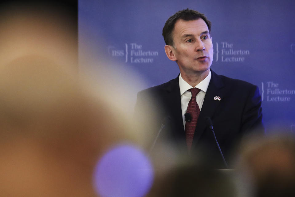 Britain's Foreign Secretary Jeremy Hunt speaks during the 34th International Institute for Strategic Studies (IISS) Fullerton Lecture in Singapore, Wednesday, Jan. 2, 2019. (AP Photo/Yong Teck Lim)