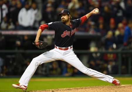 Oct 25, 2016; Cleveland, OH, USA; Cleveland Indians relief pitcher Andrew Miller throws a pitch against the Chicago Cubs in the 7th inning in game one of the 2016 World Series at Progressive Field. Mandatory Credit: Tommy Gilligan-USA TODAY Sports