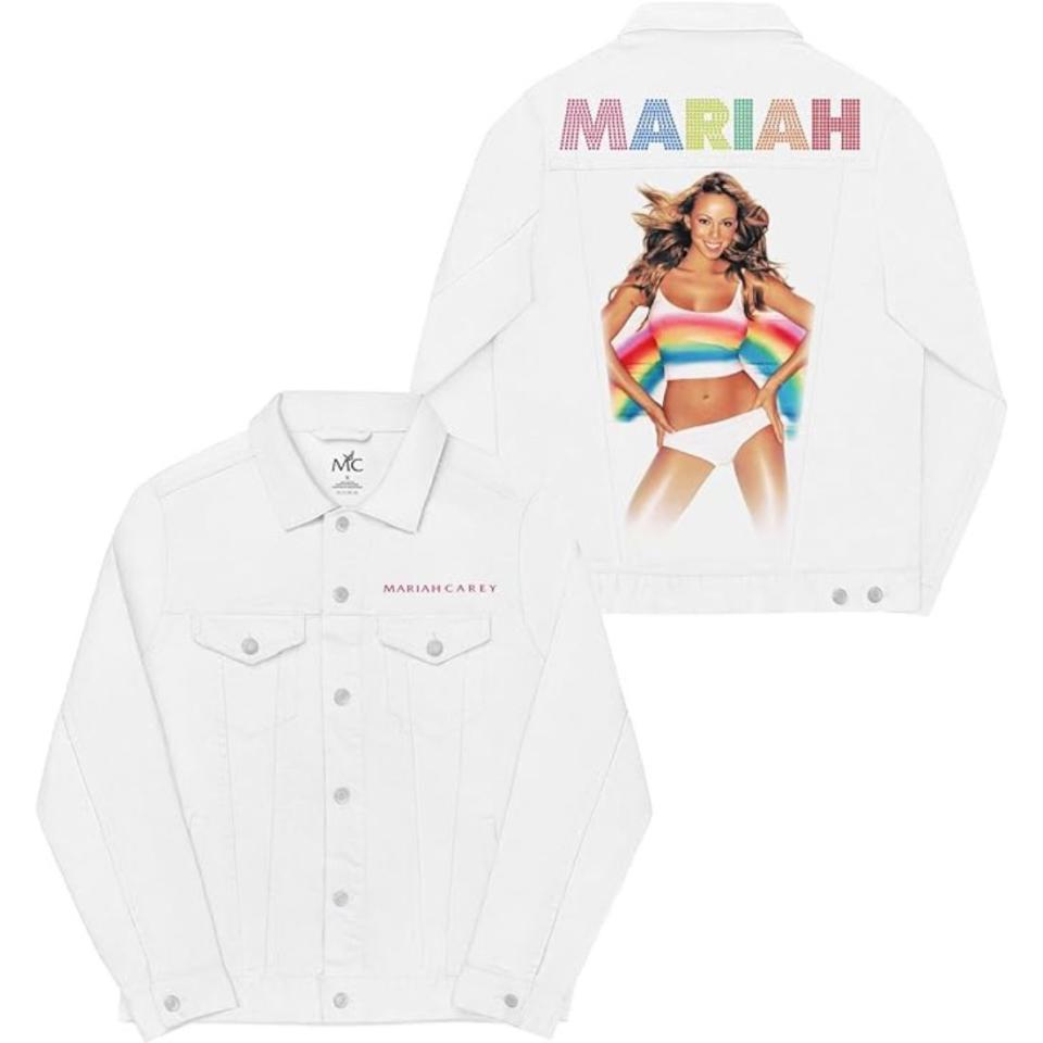 bedazzled rainbow mariah carey white denim jacket