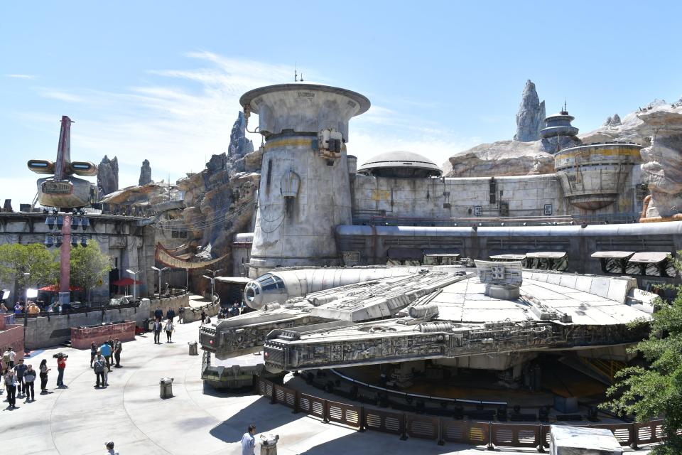 The Millennium Falcon, pictured at Smugglers Run, a central attraction at Star Wars: Galaxy's Edge in Disneyland in California.