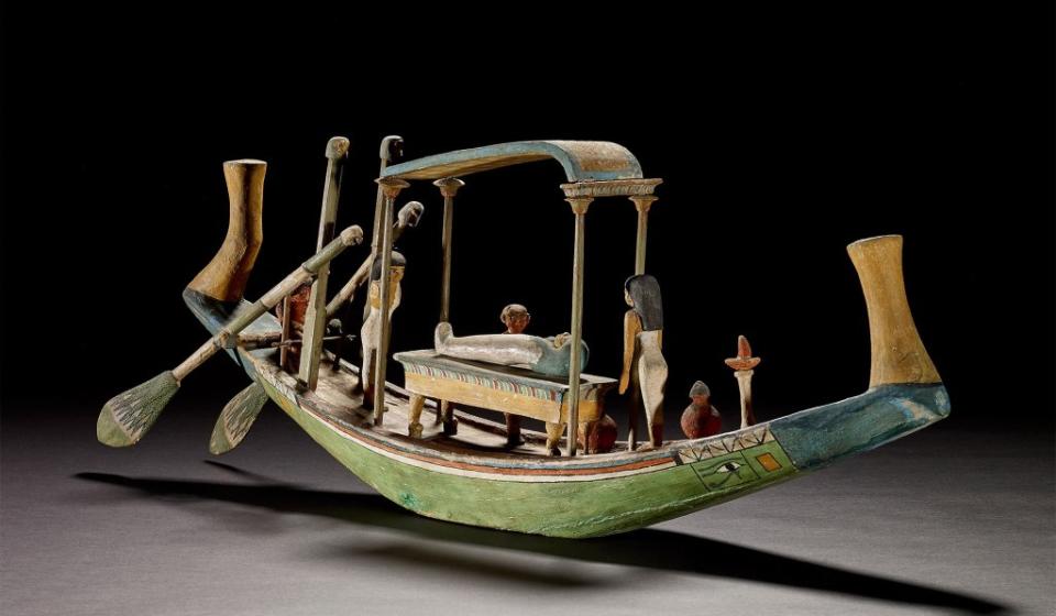 Model of a funerary boat, 12th Dynasty, about 1985–1795 B.C.E., provenance unknown, sycamore fig wood, EA 9525.