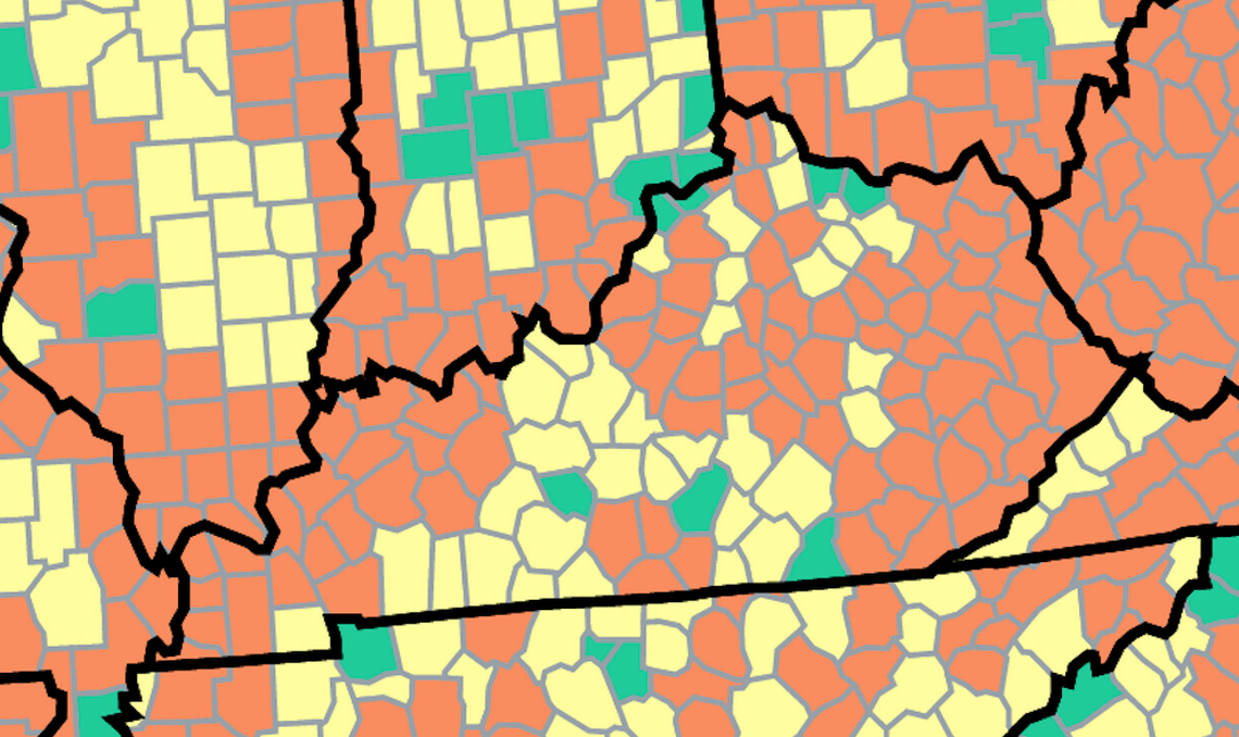 This map of Kentucky from the U.S. Centers for Disease Control and Prevention shows COVID-19 community levels as of July 22, 2022. The orange counties are at high levels, the yellow at medium and the green at low.