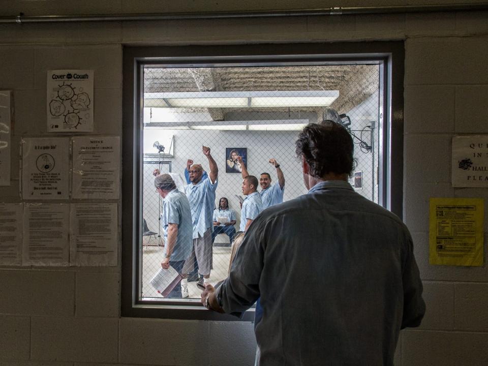 Peter Merts photos show California Prison Arts Programs. An actor awaiting his cue during rehearsal of Shakespeare's Macbeth, at Solano State Prison - 2015