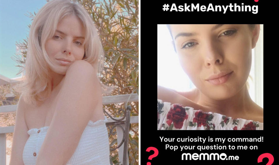 MAFS Olivia Frazer poses on the left, in a white boob tube top and hair out. On the right, she shares a photo of herself smiling for the camera on her Instagram story, with #AskMeAnything and 'Your curiosity is my command! Pop your question to me on memmo.me' written on it.