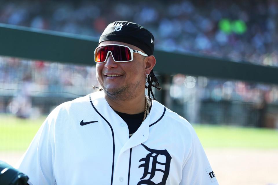 Detroit Tigers designated hitter Miguel Cabrera (24) in the dugout during action against the Cleveland Guardians at Comerica Park in Detroit on Saturday, Sept. 30, 2023.