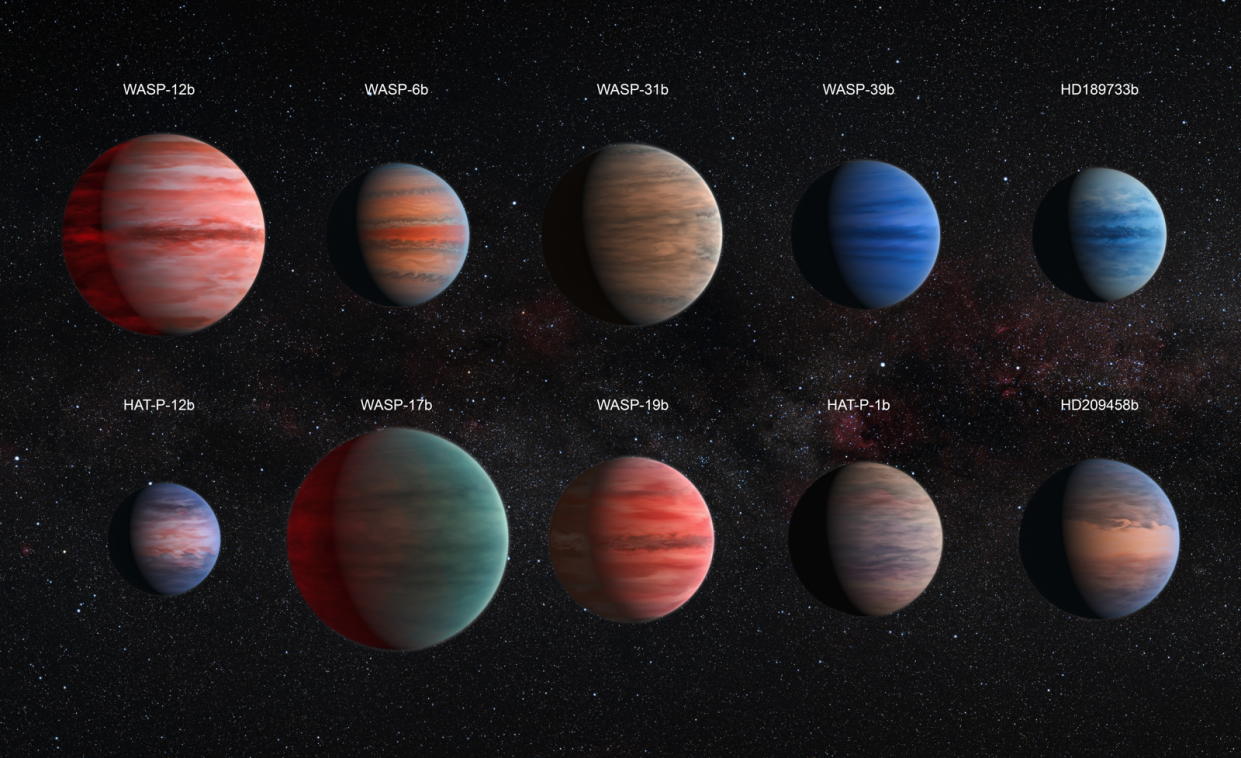  An artist's impression of 10 hot Jupiter worlds featured in the largest spectroscopic catalogue of exoplanet atmospheres to scale with one another. The cloudy atmospheres of such planets may hide signals of water, scientists say. 