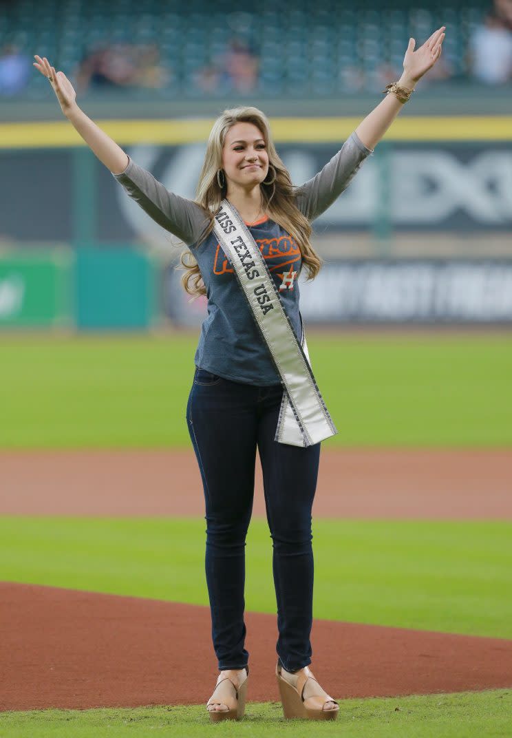 Miss Texas Daniella Rodriguez's first pitch wasn't great. (Getty Images/Bob Levey)